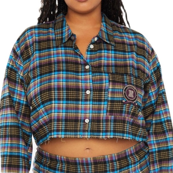 Savage x Fenty Tied Up Tartan Raw Hem Cropped Sleep Shirt in Blue Size S - Picture 3 of 8